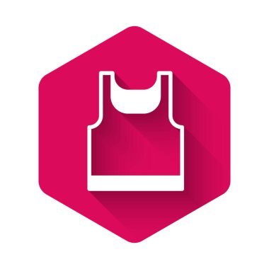 Uzun gölgeli beyaz kolsuz tişört ikonu izole edilmiş. Pembe altıgen düğmesi. Vektör