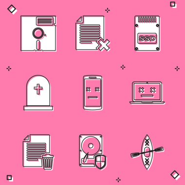 Disket diskini 5.25 inçlik, Sete dosya belgesi, SSD kartı, çapraz Tombstone, Ölü mobil ve dizüstü bilgisayar simgesine ayarla. Vektör