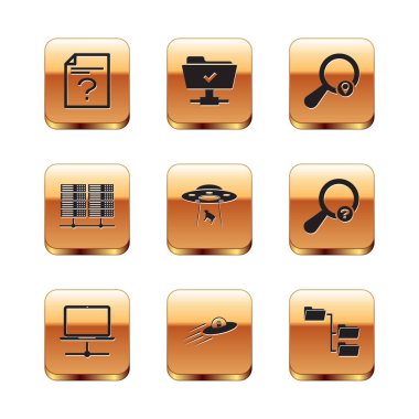 Bilinmeyen belge, Bilgisayar ağı, UFO uçan uzay gemisi ve uzaylı, inek, sunucu, veri, web sunucu ve arama konum simgesini kaçırır. Vektör