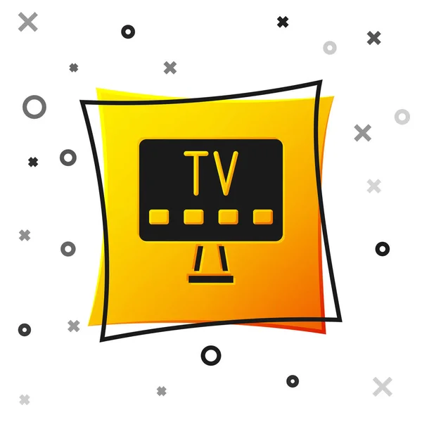 Icono de TV inteligente negro aislado sobre fondo blanco. Señal de televisión. Botón cuadrado amarillo. Vector — Archivo Imágenes Vectoriales
