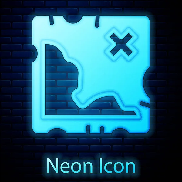 Gloeiende neon Pirate schatkaart pictogram geïsoleerd op bakstenen muur achtergrond. Vector — Stockvector