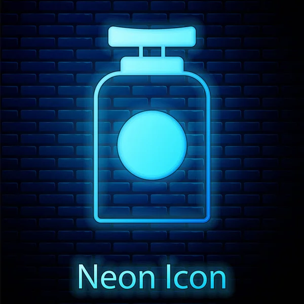 Gloeiende neon buis van de hand crème pictogram geïsoleerd op baksteen muur achtergrond. Vector — Stockvector