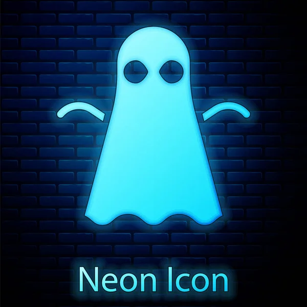 Zářící neonový duch ikona izolované na cihlové zdi pozadí. Šťastný Halloweenský večírek. Vektor — Stockový vektor