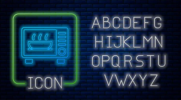 Светящийся значок микроволновой печи изолирован на фоне кирпичной стены. Значок бытовой техники. Неоновый легкий алфавит. Вектор — стоковый вектор