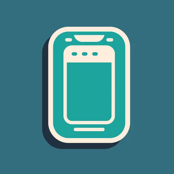 Smartphone vert, icône de téléphone portable isolé sur fond vert. Style ombre longue. Vecteur — Image vectorielle