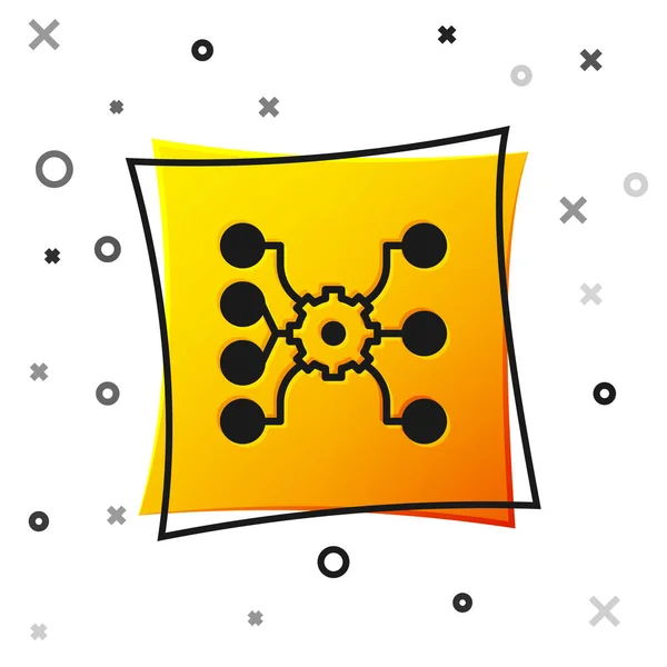 Czarna ikona sieci neuronowej odizolowana na białym tle. Sztuczna inteligencja AI. Żółty, kwadratowy przycisk. Wektor — Wektor stockowy