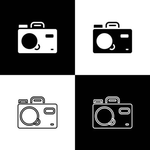 Definir ícone da câmera fotográfica isolado no fundo preto e branco. Câmara fotográfica. Fotografia digital. Vetor — Vetor de Stock