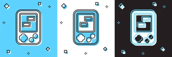 Set Portable tetris electronic game icon isolated on blue and white, black background. Vintage style pocket brick game. Interactive playing device. Vector — Stock Vector