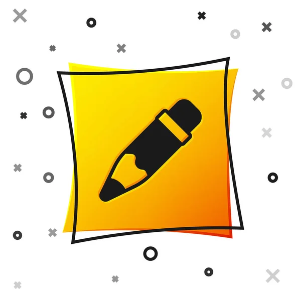 Schwarzer Bleistift mit Radiergummi-Symbol auf weißem Hintergrund. Zeichen- und Erziehungswerkzeuge. Schulamtssymbol. Gelber quadratischer Knopf. Vektor — Stockvektor