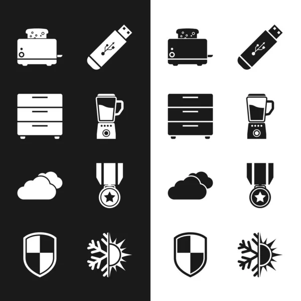 Set Blender, Furniture nightstand, Toaster with toasts, USB flash drive, Cloud and Medal star icon. Vector — Stock Vector