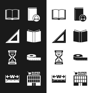 Açık Kitap, Üçgen cetvel, Ses, Kum Saati pikseli, mezura ölçüsü, Süpermarket binası ve boy ve uzunluk simgesini ayarla. Vektör