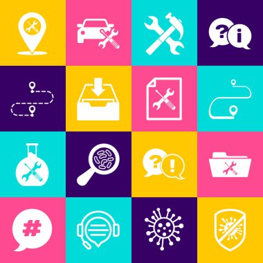 Stop virüsünü, bakteriyi, klasör servisini, güzergahı, çapraz çekiç ve anahtarı, gelen kutusunu, konum ve dosya simgesini indirin. Vektör