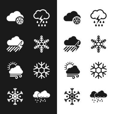 Kar Tanesi 'ni, Bulut' u, yağmur ve şimşekleri, karı, rüzgarlı havayı ve ikonu ayarla. Vektör