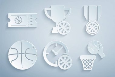 Basketbol toplu saat, basketbol madalyası ve ödül kupası ve maç bileti ikonu. Vektör