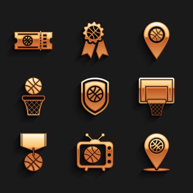 Set Shield basketbol topunda, basketbol maçı televizyonda, lokasyon, sedye, madalya ve maç bileti ikonu. Vektör