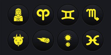 Koç burcu, Akrep, Kuyruklu yıldız, Gündönümü, İkizler, Balık burcu ve Astroloji ikonu. Vektör