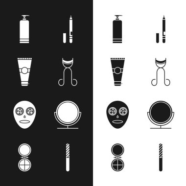 Kirpik bigudi, losyon kozmetik tüpü, krem, göz kalemi, kaş, yüz maskesi, yuvarlak makyaj aynası, tırnak törpüsü ve ikonlu makyaj tozu. Vektör