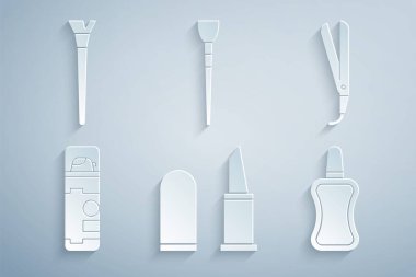 Ruj, saç maşası, tıraş jeli köpüğü, tırnak cilası şişesi, makyaj fırçası ve ikon. Vektör