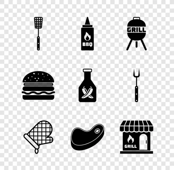 세트 Barbecue spatula, Ketchup bottle, grill, Oven glove, Steak meat, shopping building, Burger and icon. Vector — 스톡 벡터