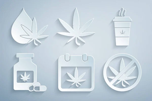 Set naptár és marihuána, Kupa kávé, orvosi palack, Stop, marihuána vagy cannabis levél és olaj ikon. Vektor — Stock Vector