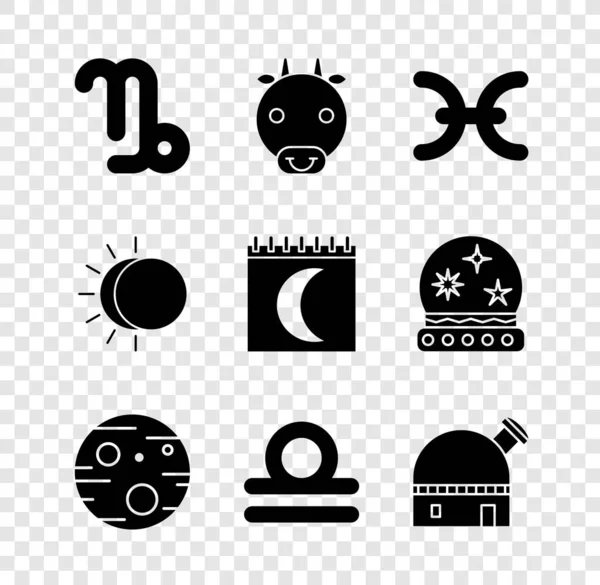 Definir o zodíaco Capricórnio, Boi, Peixes, Planeta Marte, Libra, Observatório astronômico, Eclipse do sol e ícone calendário fases da Lua. Vetor — Vetor de Stock