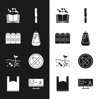 Bulaşık deterjanı şişesi, çöp tenekeleri, açık kitap, tek kullanımlık plastik bıçak, kirlilik gezegeni sorunu, şişe yok, dur ve plastik ikon. Vektör