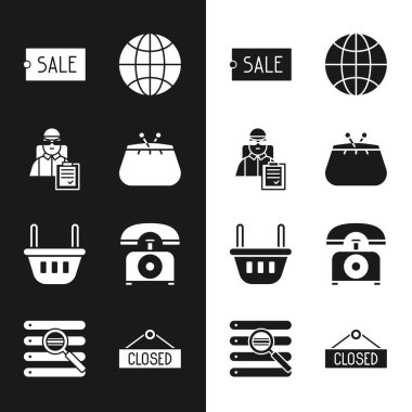 Cüzdanı, karton kutuları olan teslimatçı, Price etiketli metin indirimi, dünya çapında, alışveriş sepeti, telefon, asma işareti kapalı ve tarayıcı pencere simgesi arama. Vektör