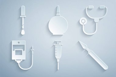Şırınga, steteskop, serum torbası, tıbbi cerrahi neşter, Enema ve Pipette ikonu hazırlayın. Vektör
