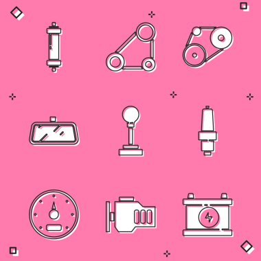 Amortisör, zaman ayarlı kemer kiti, araba aynası, vites kolu, buji, hız göstergesi ve motor simgesini kontrol et. Vektör