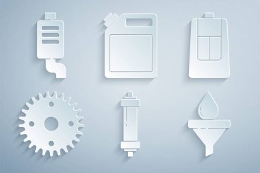 Şok emiciyi ayarla, uzaktan kumandalı araba anahtarı, dişli, huni ve yağ damlası benzin ve egzoz ikonu için teneke kutu. Vektör