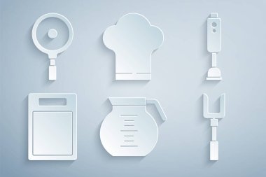 Kahve demliği, blender, kesme tahtası, barbekü çatalı, şef şapkası ve kızartma tavası. Vektör