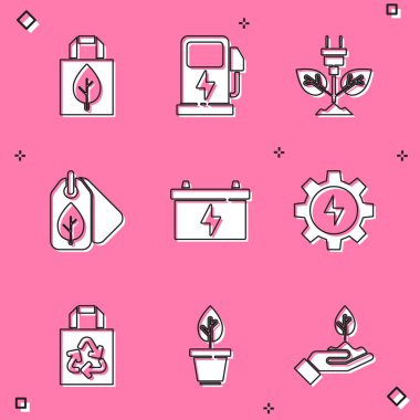 Geri dönüşümlü alışveriş çantası, elektrikli araba şarj istasyonu, fiş yaprağı, etiket, araba aküsü, vites ve şimşek, kağıt ve saksı ikonu. Vektör