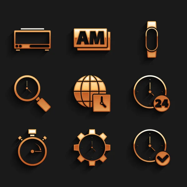 Set World Time Management, Time Management, Clock, 24 godziny na dobę, Stopwatch, Lupa z zegarem, Smartwatch i ikoną cyfrowego alarmu. Wektor Ilustracja Stockowa