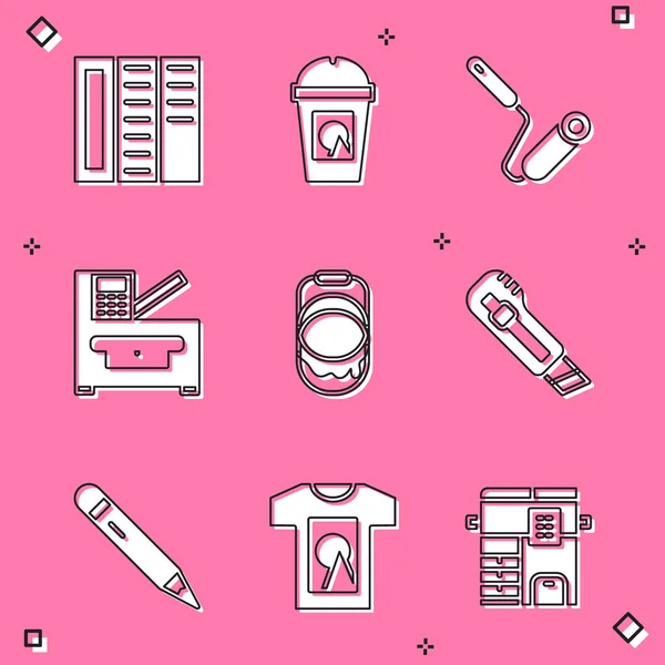 Brochure 를 설정하고 , Coffee cup to go, Paint rollbrush, Copy machine, bucket, Stationery knife, Pencil with eraser and T-shirt icon. Vector — 스톡 벡터