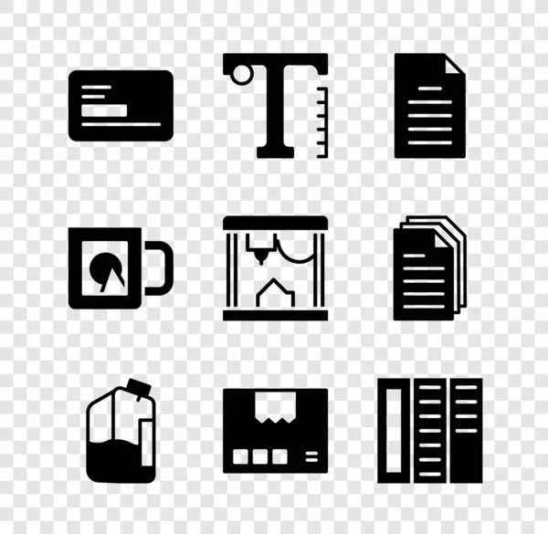 Névjegykártya, szöveg, Fájl dokumentum, Nyomtató tinta palack, Kartondoboz, Prospektus, Kávé csésze és 3D nyomtató ikon beállítása. Vektor — Stock Vector