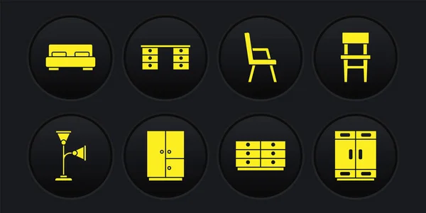 Döşeme lambası, sandalye, gardırop, çekmeceler, Kol sandalyesi, ofis masası ve büyük yatak ikonu. Vektör — Stok Vektör