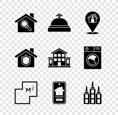 Arama evi, otel servis zili, konum planı, online emlak, gökdelen, kalkan ve ikon ayarlayın. Vektör