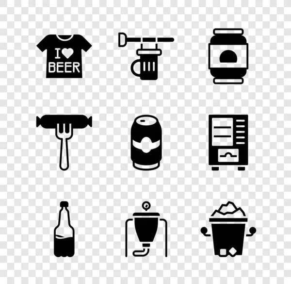 Набір Пивна футболка, вивіска зі склянкою пива, банки, пластикова пляшка, процес заварювання, відро для льоду, ковбаса на виделці та іконка. Векторні — стоковий вектор