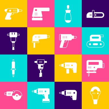Açı öğütücü, elektrikli yapboz, planör, tornavida, inşaat matkabı, kablosuz tornavida ve simge. Vektör