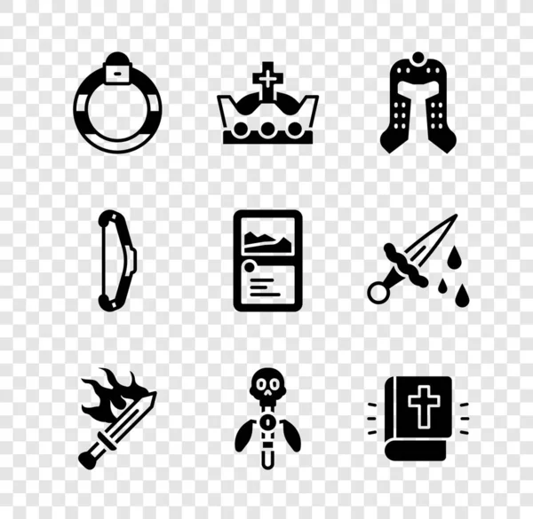 Állítsa be a mágikus kő gyűrű, Király korona, Középkori sisak, Kard a játék, bot, Szent Biblia könyv, íj és kártya gyűjtemény ikon. Vektor — Stock Vector