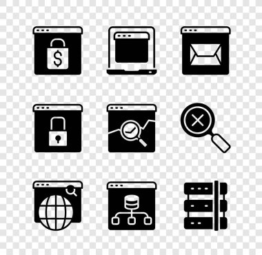 Çevrimiçi alışverişi ekranda, dizüstü bilgisayarı tarayıcı pencereli, web sitesi ve postası olan, Arama motoru, Sunucu, Data, HTTPS, SSL ve borsa simgesini sağlama alın. Vektör