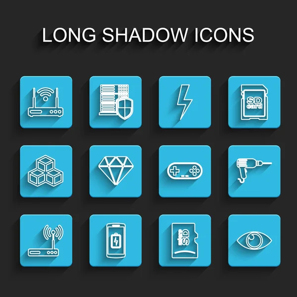 Aseta linja reititin ja wi-fi, älypuhelin akku lataus, Micro SD muistikortti, Silmä, Diamond, Porakone ja peliohjain kuvake. Vektori — vektorikuva