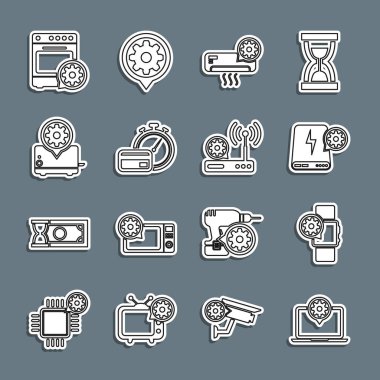 Dizüstü bilgisayar ayarları, Smartwatch Power klima, hızlı ödemeler, fırın, Router ve wi-fi ikonu. Vektör.