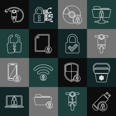 Satır USB flash diski kilit soğutucu çanta Scooter CD 'si veya DVD disk Belgesi ile ayarla ve Kırık Kırık elektrikli scooter ve Kilit işareti simgesini işaretle. Vektör.
