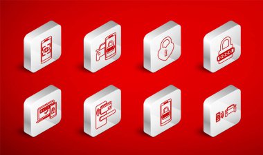 Akıllı araba alarm sistemi güvenlik sistemini kalp parola korumalı mobil ve dijital kapı kilidini kablosuz ve iki adımlı kimlik doğrulama ikonu şeklinde ayarla. Vektör.