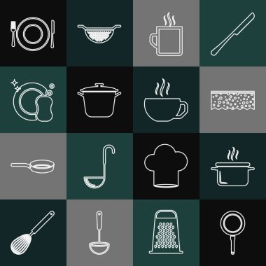 Kabarcıklı tava pişirme süngeri kahve fincanı tabak çatalı, bıçak ve ikon. Vektör.