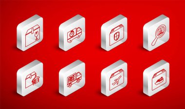 Kargo gemisini kutu teslimat kamyonu ve kronometre güvenlik kalkanı ile ayarla. Uçak karton karton kırılgan içerik servis ve simgesi. Vektör.