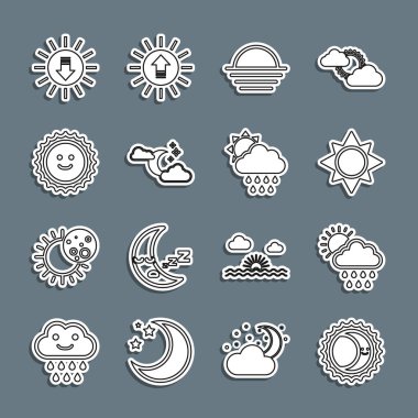 Güneş tutulması çizgisini yağmurlu, güneş batımlı ay yıldızlı ve ikonlu olarak ayarla. Vektör.