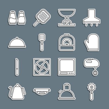 Pizza bıçağı elektrikli fırın eldiveni elektronik pullar Spatula tepsi tuz, biber ve ikon ile kaplı. Vektör.