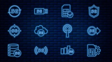 Satır Sim kartı ayarlama 5G ağ Bulut Anteni ve modem simgesi. Vektör.
